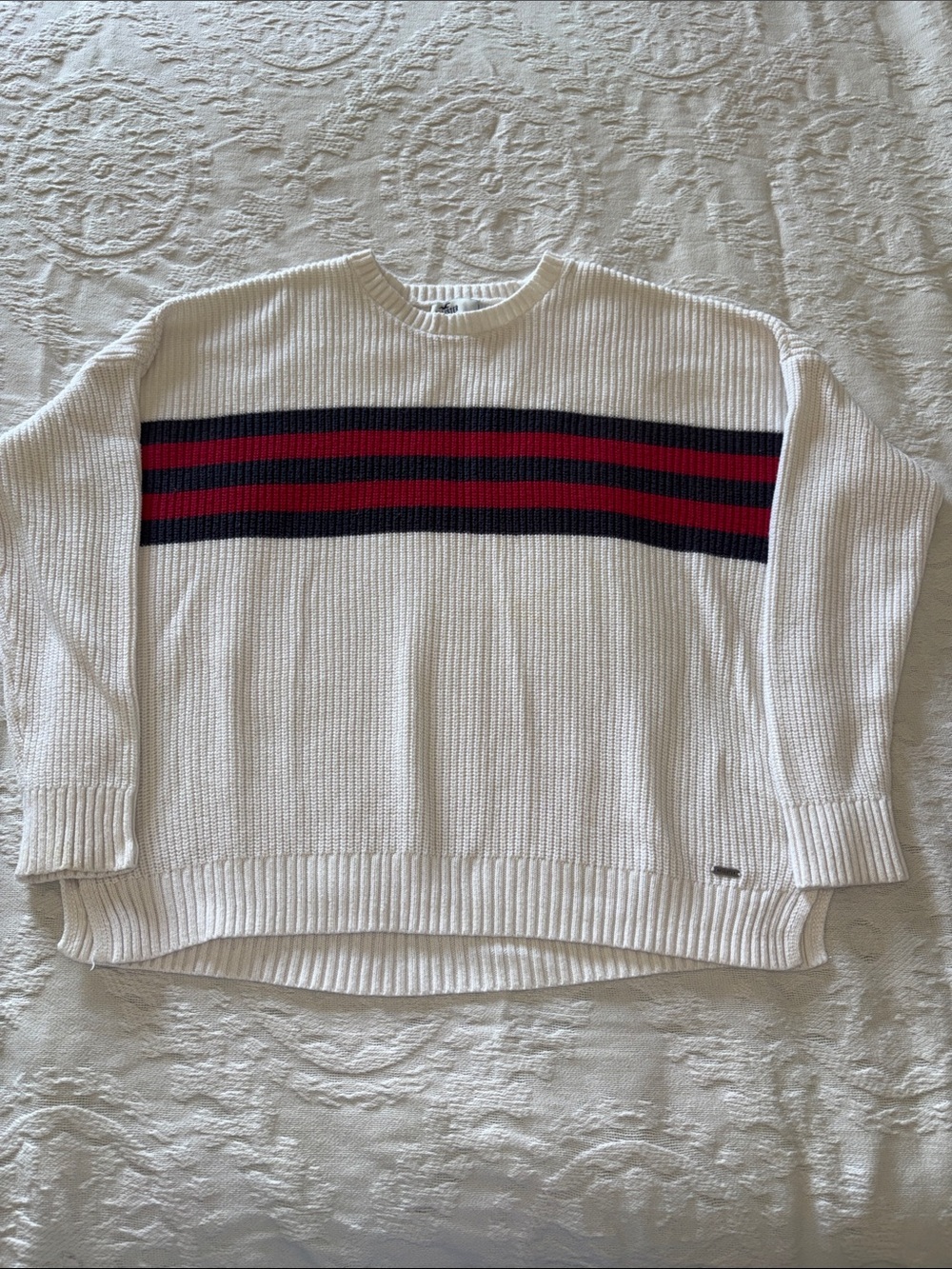 Hollister White Navy Red Stripe Ribbed Knit Sweater EUC L
